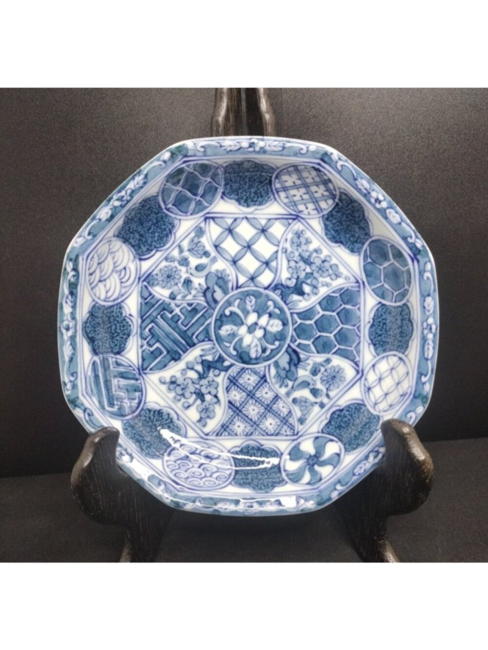 5 Small Octagon Blue White Geometric Rice, Salad Bowl Asian Japan Signed  Flower